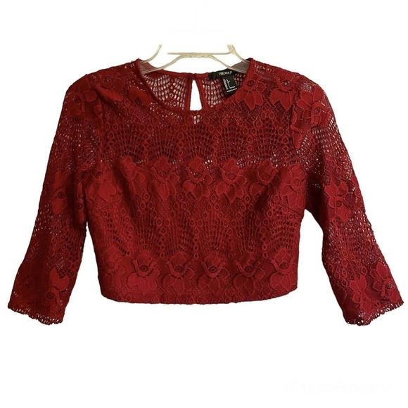 Vintage Forever 21 Large Lace Crop Top Red Long Sleeve Y2K Minimalist - Picture 1 of 8